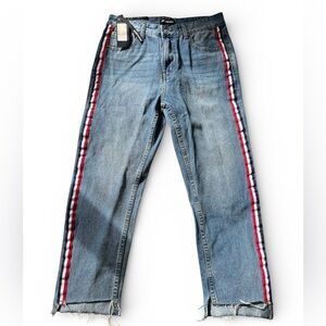 Distressed Hem Jeans with Red and White Stripes